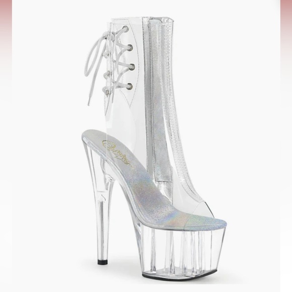 Pleasers 7" Heel Clear Open Toe Lace-Up Ankle Boots size 5 - Picture 1 of 4